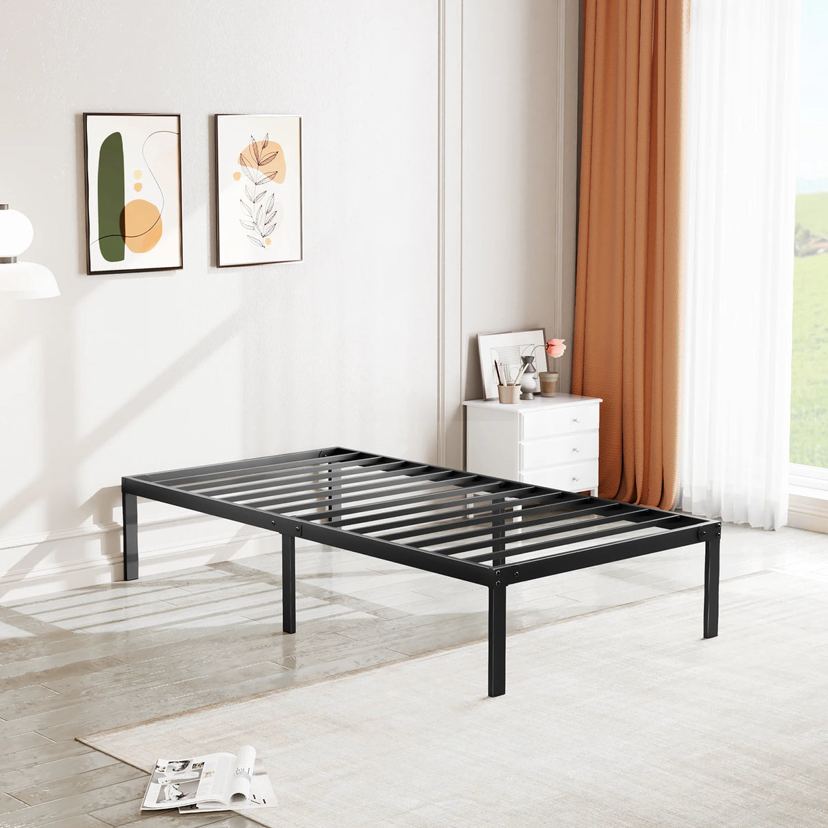 JHK Basic Twin Full Queen King Size Bed Frame Metal Platform Bedroom Frames with Storage Space Sturdy Steel Slat Support 350LBS