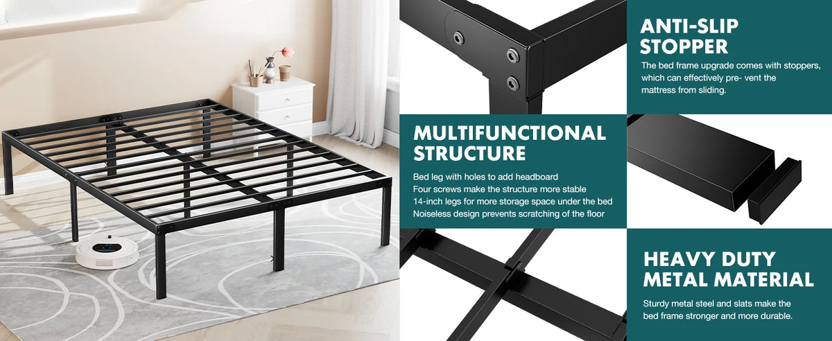 JHK Basic Twin Full Queen King Size Bed Frame Metal Platform Bedroom Frames with Storage Space Sturdy Steel Slat Support 350LBS