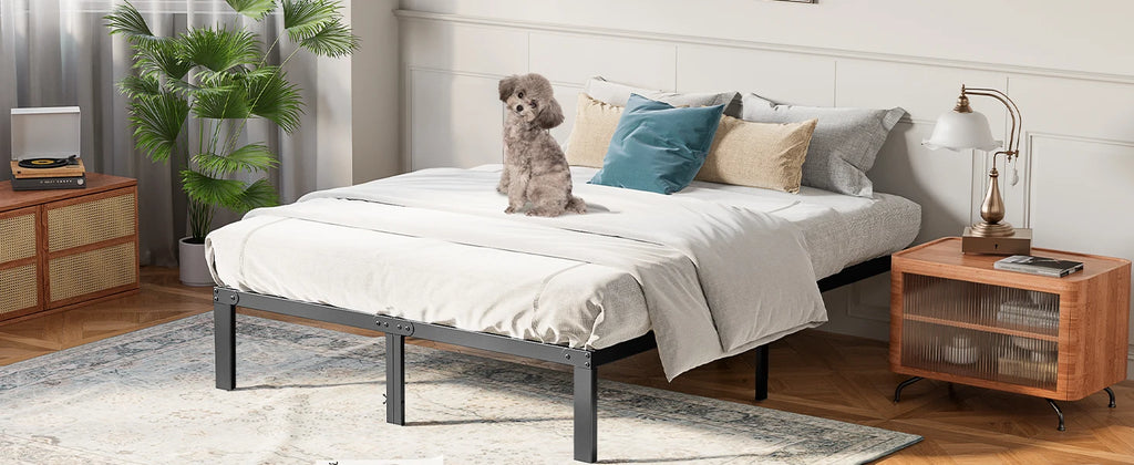JHK Basic Twin Full Queen King Size Bed Frame Metal Platform Bedroom Frames with Storage Space Sturdy Steel Slat Support 350LBS